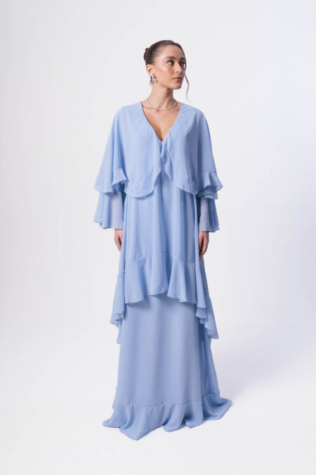 Vestido Manga Longa Babados Azul