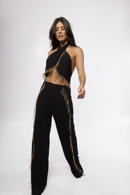Calça Bordada com Franjas de Miçangas
